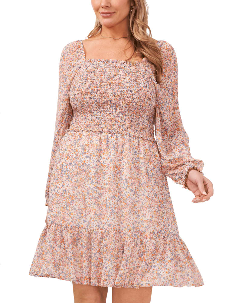 Front of a model wearing a size 0X Kari Square Neck Smocked Dress in SWEET BLOOMS-151 by 1.State. | dia_product_style_image_id:262302